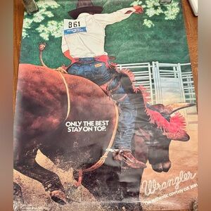 Vintage 1985 Wrangler Rodeo Poster with artwork by David Gaadt Jeans Ad